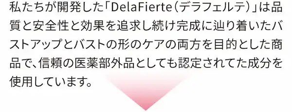 私たちが開発した「DelaFierte（デラフェルテ）」は品質と安全性と効果を追求し続け完成に辿り着いたバストアップとバストの形のケアの両方を目的とした商品で、信頼の医薬部外品としても認定されています。