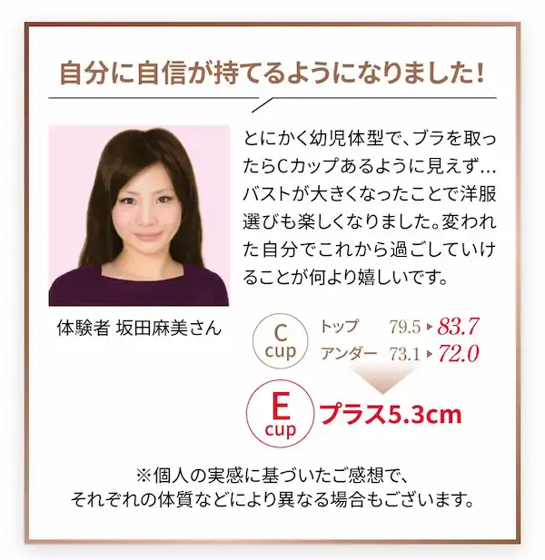 胸を大きくすることができて自分に自信が持てるようになりました！ 体験者 坂田麻美さん