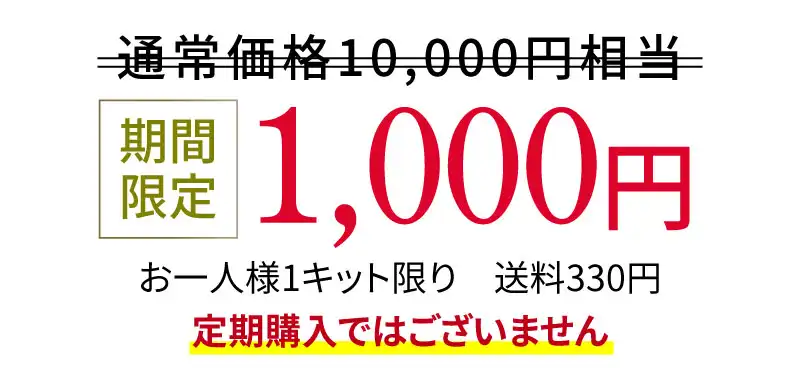 通常価格11,000円相当 2,000円 期間限定1,000円 お一人様1キット限り 送料330円 定期購入ではございません